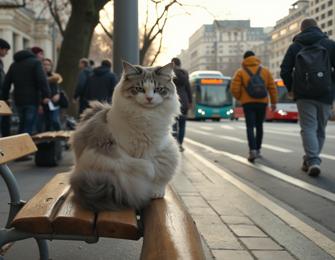 Cat observes the activity of a city bus stop, soaking in the energy of urban life.